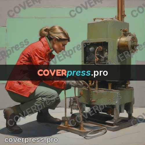 50s sci fi poster: woman at a red machine