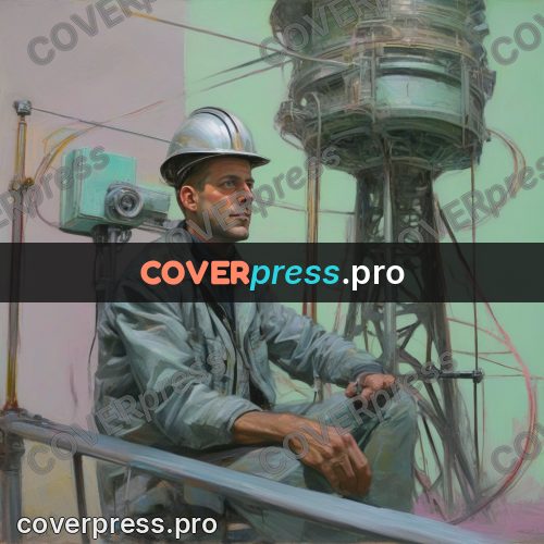 50s sci fi poster: technician by an antenna tower