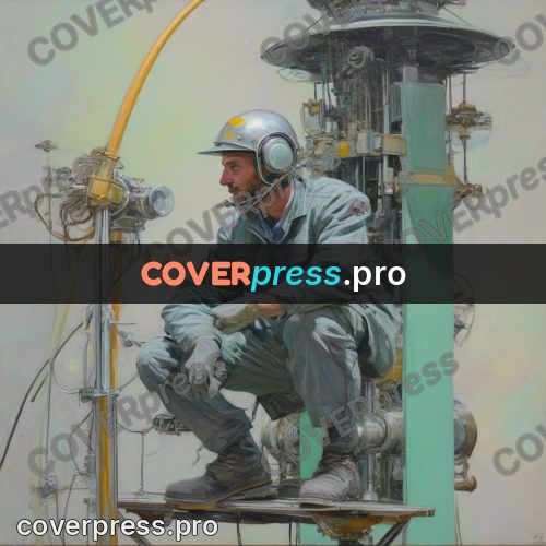 50s sci fi poster: technician by an antenna tower