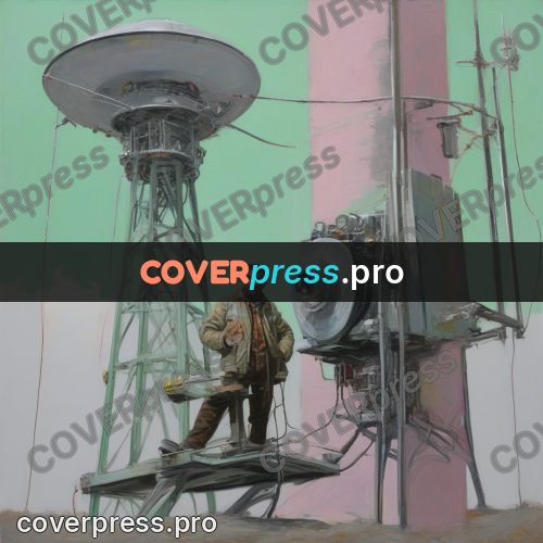 50s sci fi poster: technician by an antenna tower