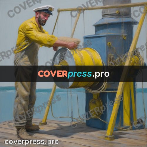 50s sci fi poster: sailors at a yellow winch
