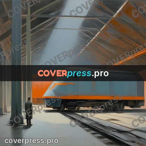 50s sci fi poster: streamlined locomotive at a station