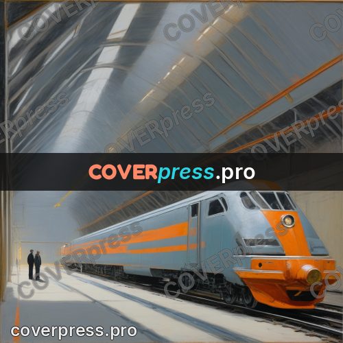 50s sci fi poster: streamlined locomotive at a station