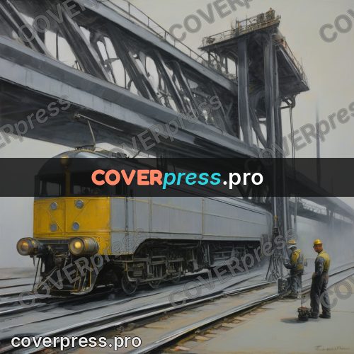 50s sci fi poster: locomotive under a gantry