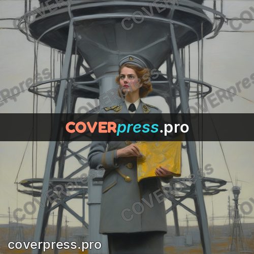 50s sci fi poster: woman in uniform by a tower