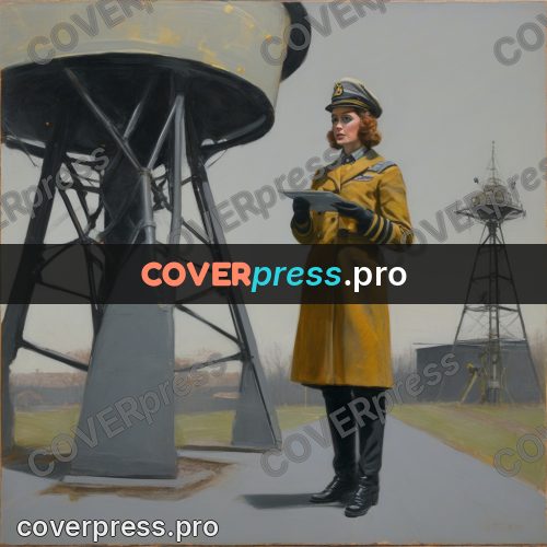 50s sci fi poster: woman in uniform by a tower