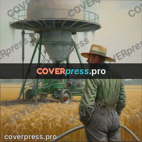 50s sci fi poster: man by a field tower