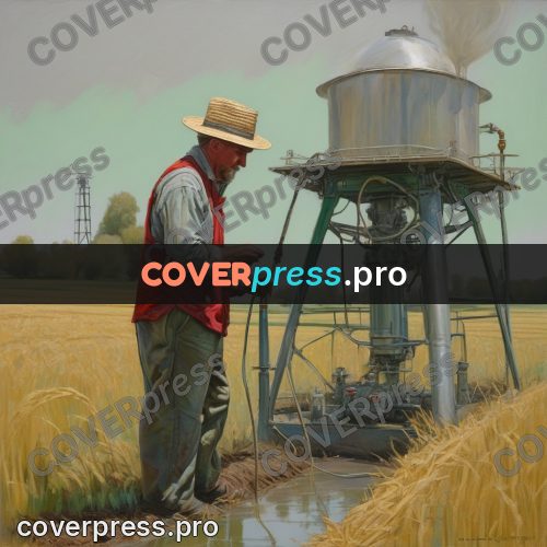 50s sci fi poster: man by a field tower