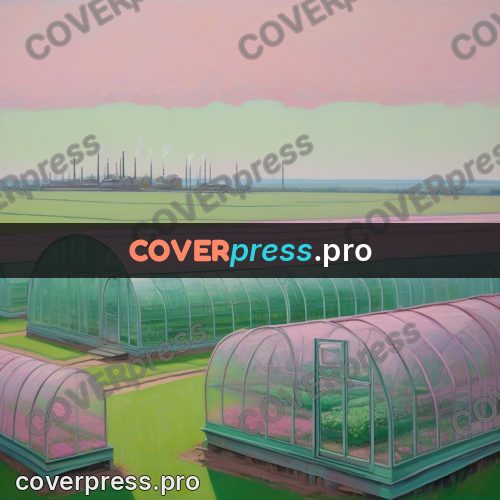 50s sci fi poster: glass greenhouses in a field
