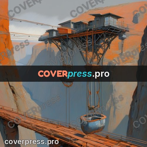50s sci fi poster: cable cars over a gorge