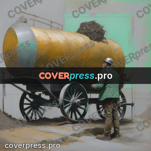 50s sci fi poster: man by a copper tank