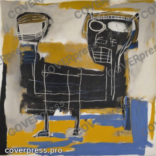 В стиле Баския: грубая живопись по холсту, жирный чёрный контур, процарапанные белые линии