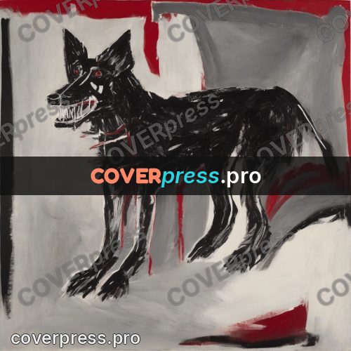 Basquiat style drawing: black dog with a red mouth