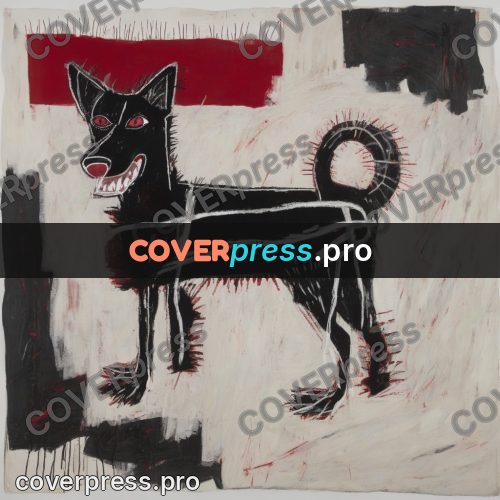 Basquiat style drawing: black dog with a red mouth