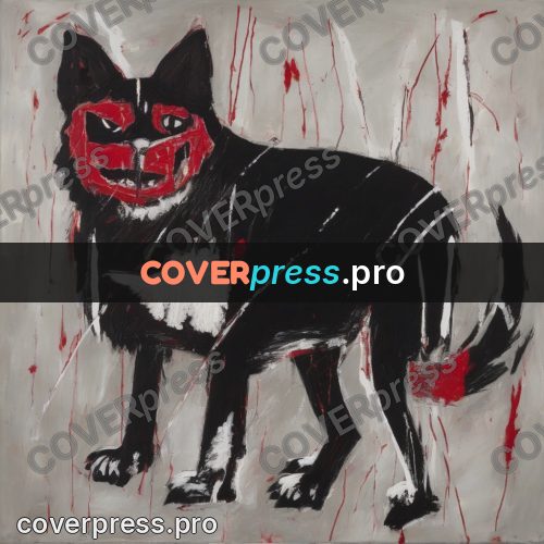 Basquiat style drawing: black dog with a red mouth
