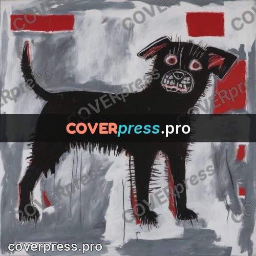 Basquiat style drawing: black dog with a red mouth
