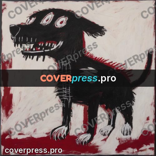 Basquiat style drawing: black dog with a red mouth