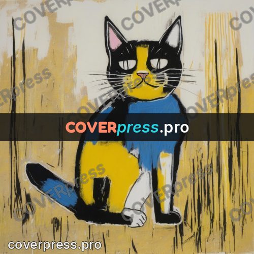 Basquiat style drawing: cat with yellow eyes