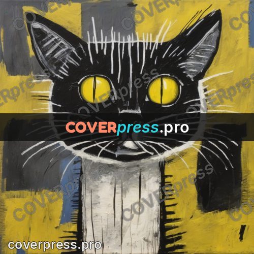 Basquiat style drawing: cat with yellow eyes