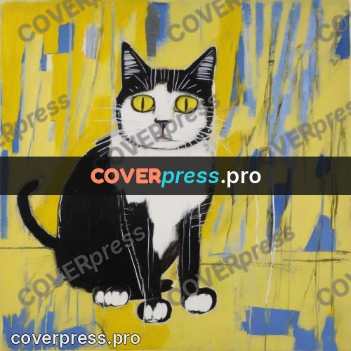 Basquiat style drawing: cat with yellow eyes