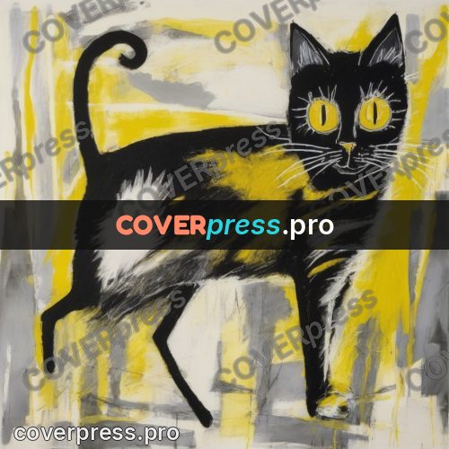Basquiat style drawing: cat with yellow eyes
