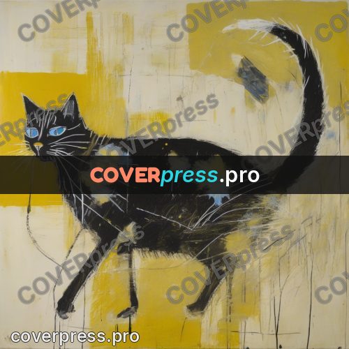 Basquiat style drawing: cat with yellow eyes