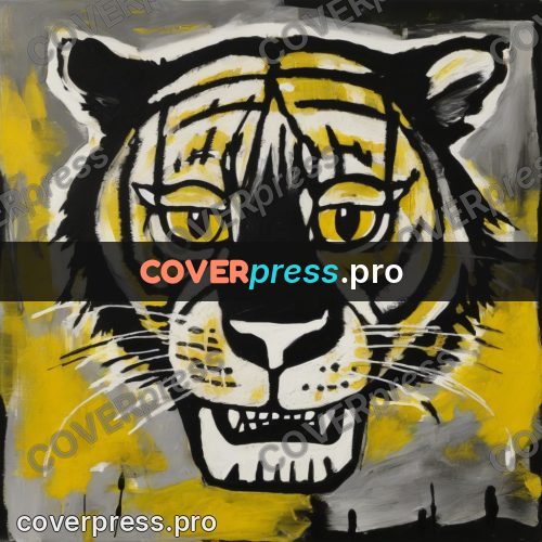 Basquiat style drawing: tiger face on yellow