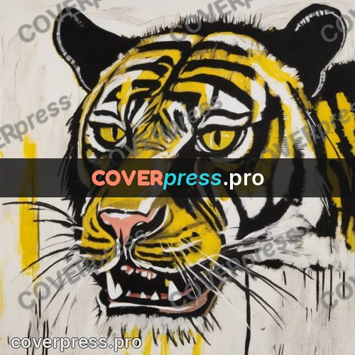 Basquiat style drawing: tiger face on yellow