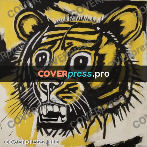Basquiat style drawing: tiger face on yellow