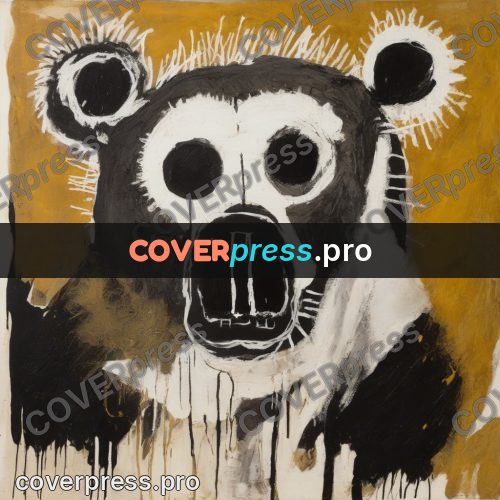 Basquiat style drawing: bear face on ochre
