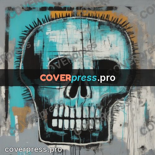 Basquiat style drawing: turquoise skull with teeth