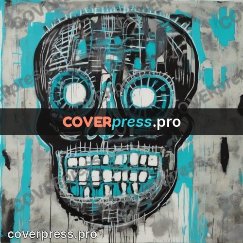 Basquiat style drawing: turquoise skull with teeth