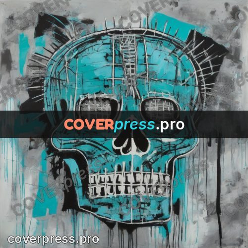 Basquiat style drawing: turquoise skull with teeth