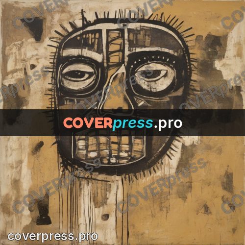 Basquiat style drawing: dark mask on ochre