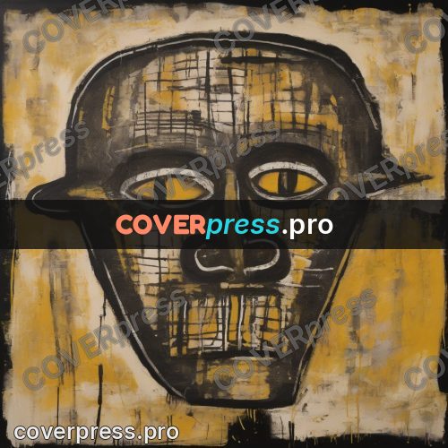Basquiat style drawing: dark mask on ochre