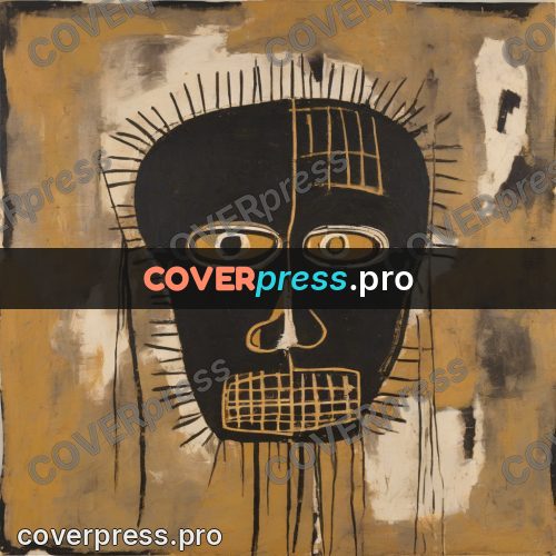 Basquiat style drawing: dark mask on ochre