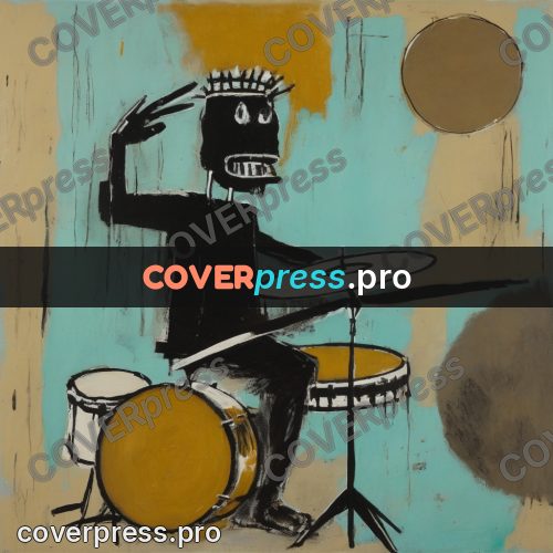 Basquiat style drawing: figure at a drum kit