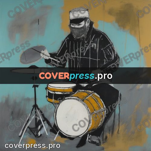 Basquiat style drawing: figure at a drum kit
