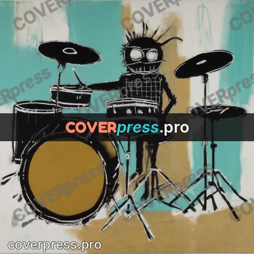 Basquiat style drawing: figure at a drum kit