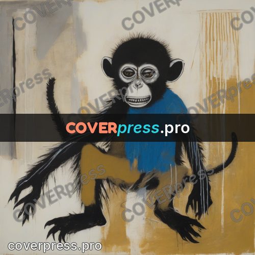 Basquiat style drawing: dark monkey on ochre