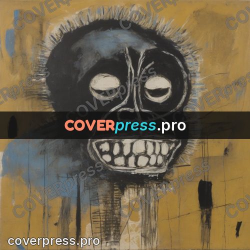 Basquiat style drawing: dark monkey on ochre