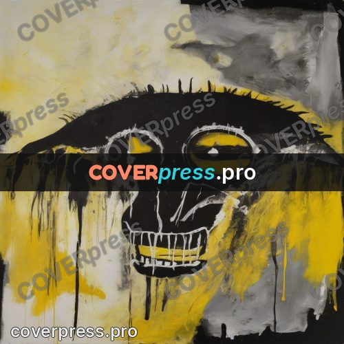 Basquiat style drawing: black shape on yellow