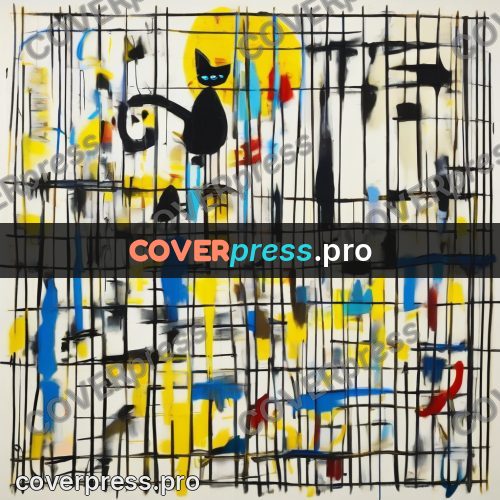 Basquiat style drawing: black cats among lines