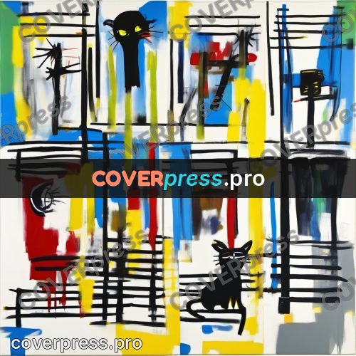 Basquiat style drawing: black cats among lines