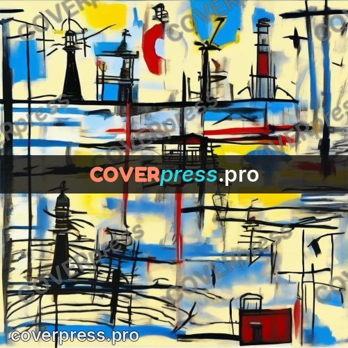 Basquiat style drawing: masts and buildings by water