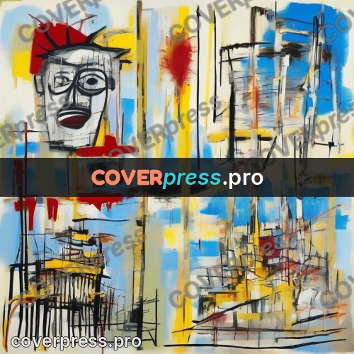 Basquiat style drawing: masts and buildings by water