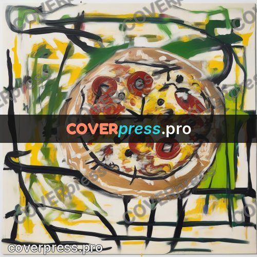 Basquiat style drawing: round pizza with toppings