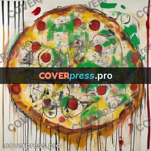 Basquiat style drawing: round pizza with toppings