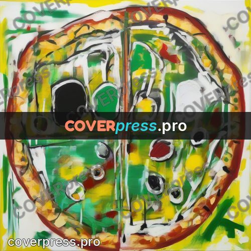 Basquiat style drawing: round pizza with toppings