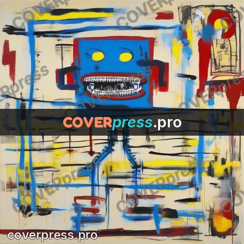 Basquiat style drawing: robot with a square head